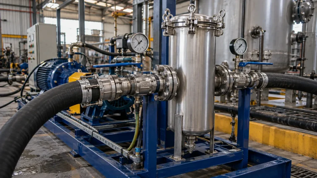 Carcaça filtrante temporária no flushing em contexto industrial técnico e realista