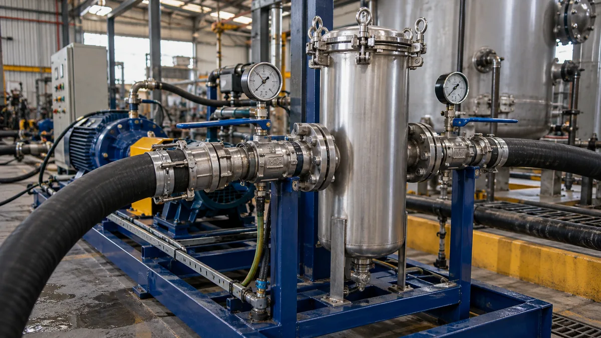 Carcaça filtrante temporária no flushing em contexto industrial técnico e realista