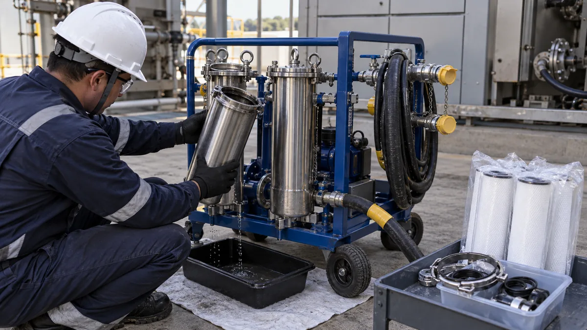 Carrinho de filtragem entre serviços em contexto industrial técnico e realista