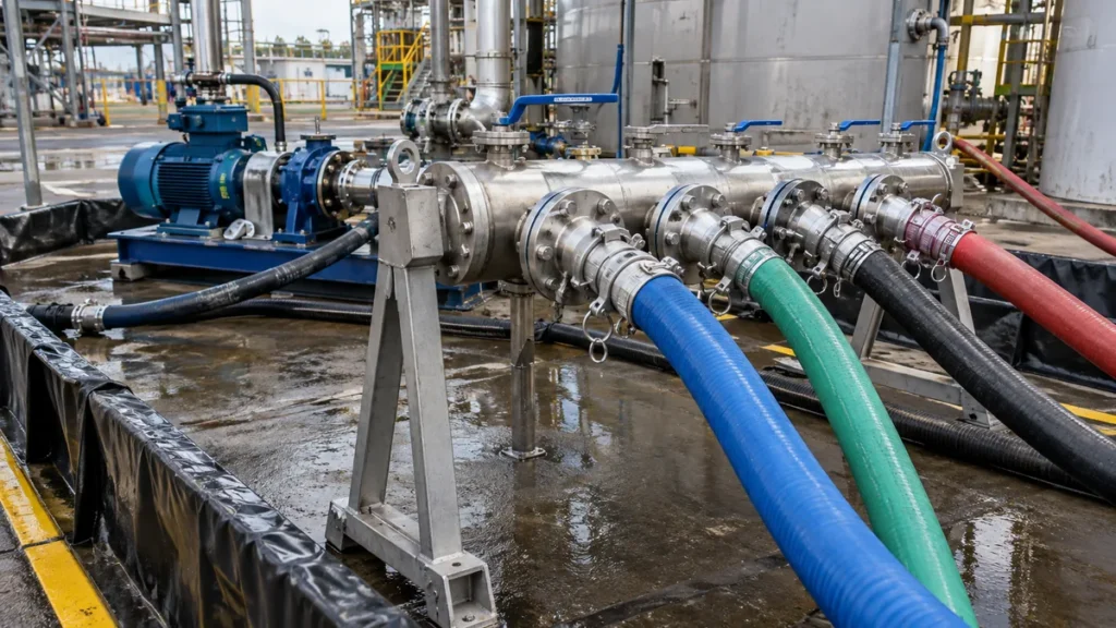 Circuito temporário de limpeza química em contexto industrial técnico e realista