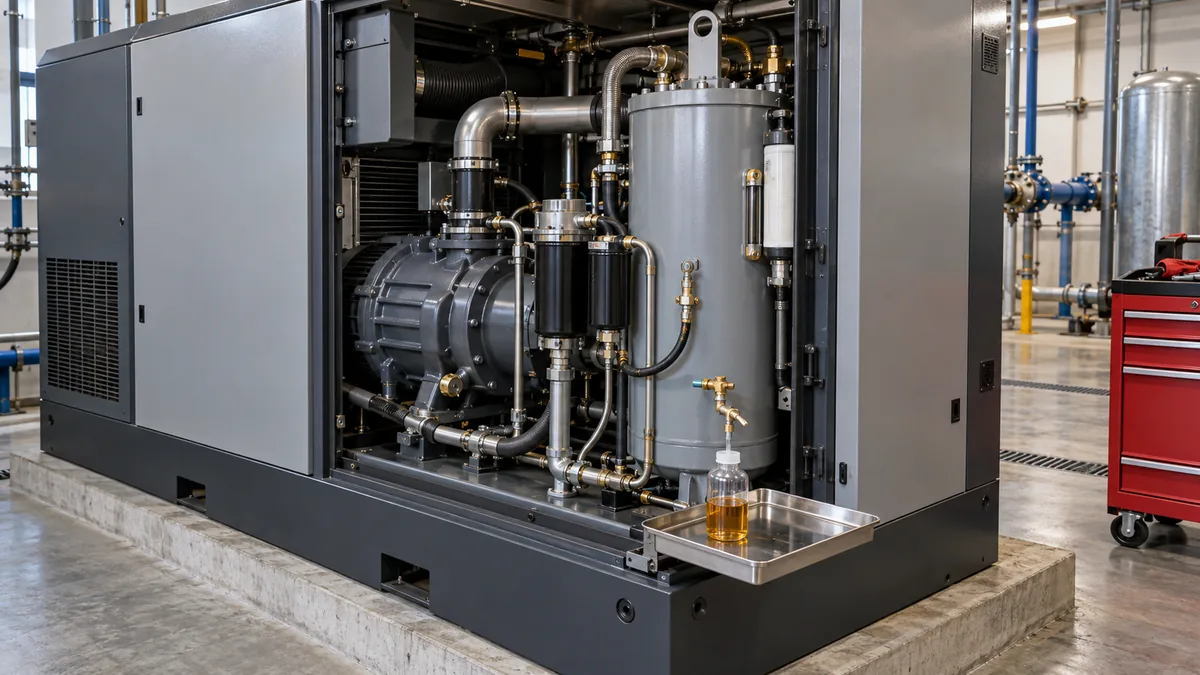 Compressor de ar industrial com circuito de óleo acessível para avaliação de contaminação