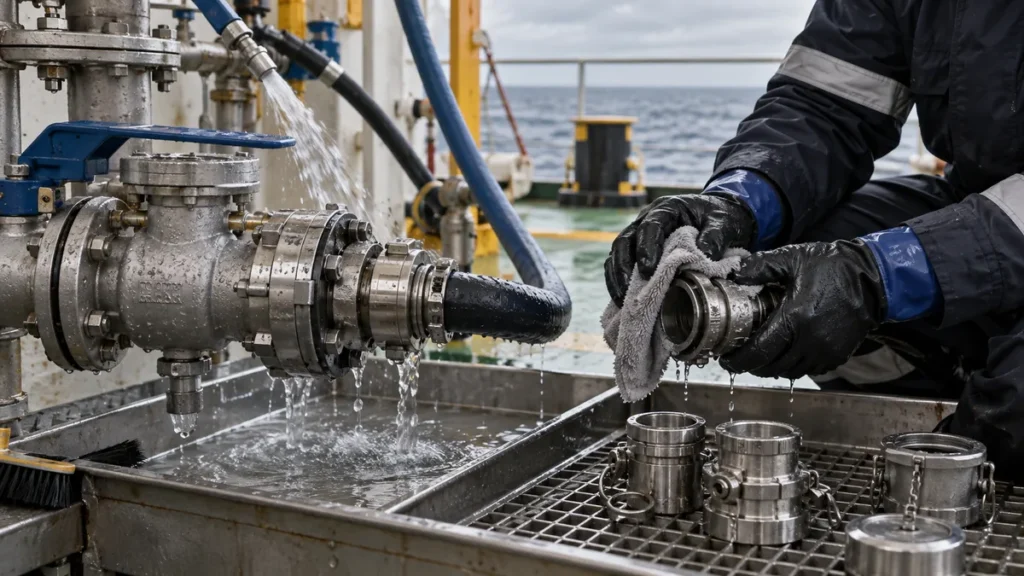 Contato com água do mar após a limpeza em contexto industrial técnico e realista