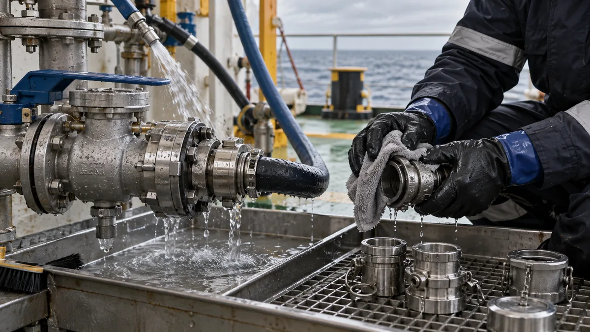 Contato com água do mar após a limpeza em contexto industrial técnico e realista