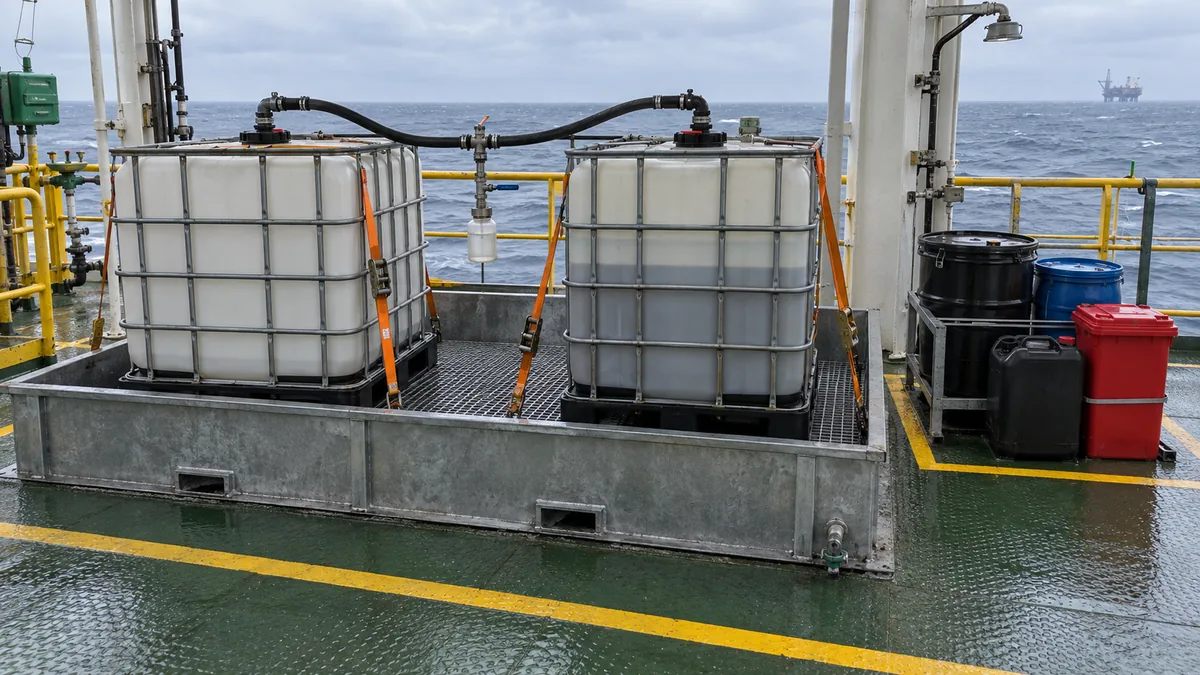 Contenção de resíduos durante serviço offshore em contexto industrial técnico e realista