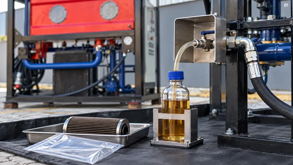 Amostra homogênea e elemento filtrante usados como evidências no aceite do flushing