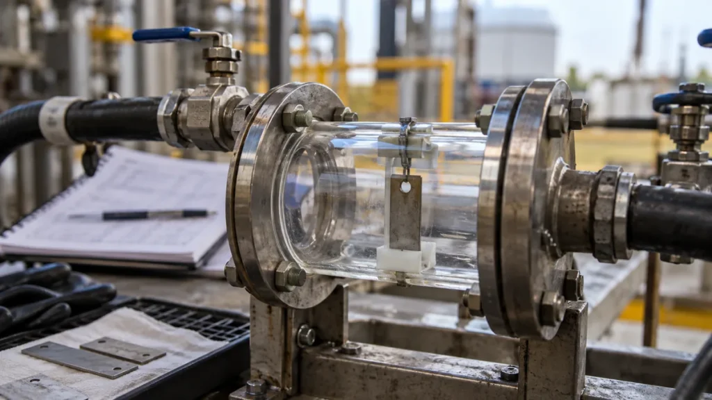 Cupom de corrosão na limpeza química em contexto industrial técnico e realista