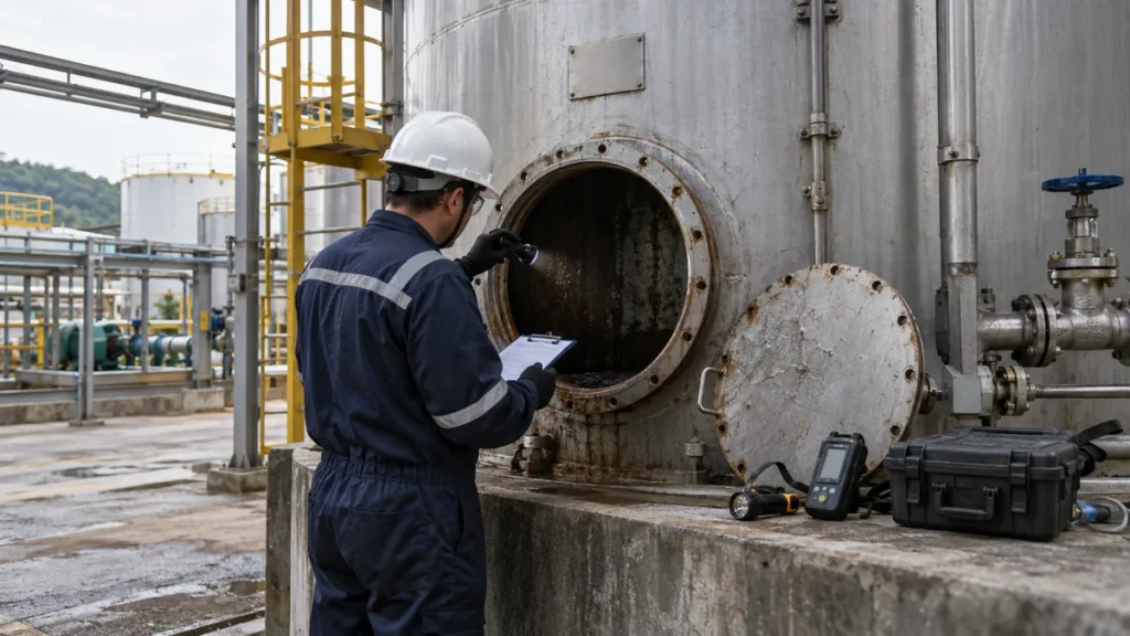 Decapagem de tanque industrial com histórico incompleto em contexto industrial técnico e realista