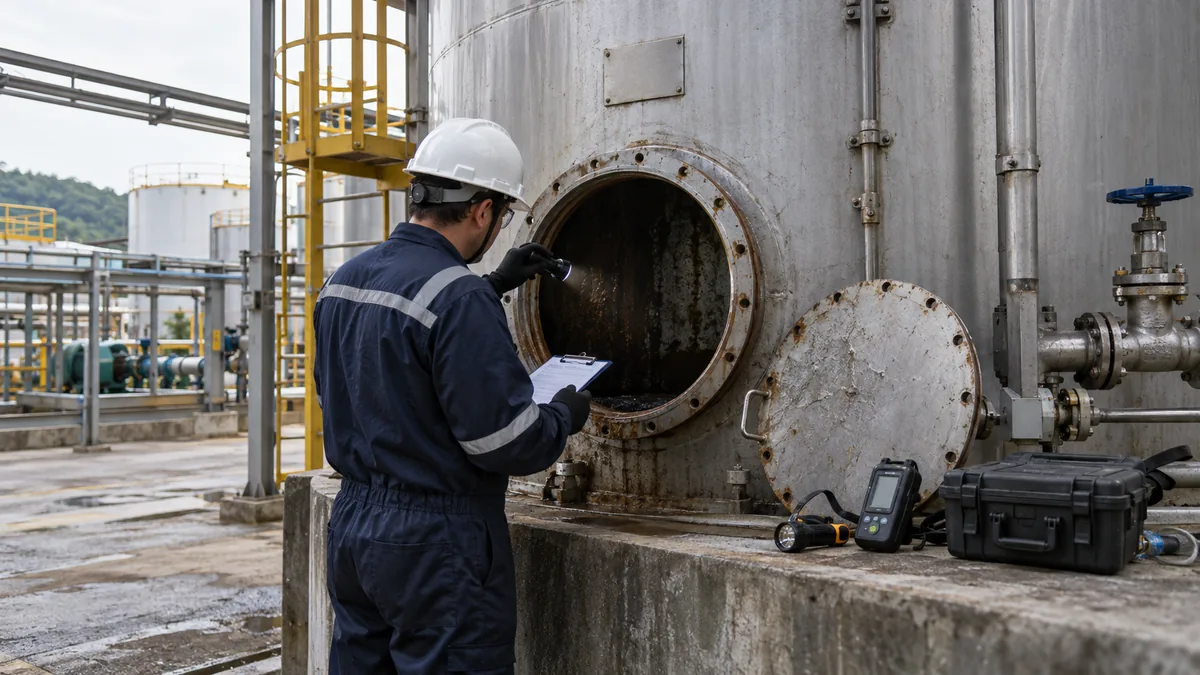 Decapagem de tanque industrial com histórico incompleto em contexto industrial técnico e realista