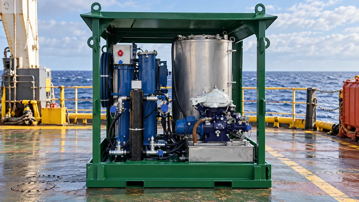 Unidade de desidratação de óleo protegida em skid apropriado para mobilização offshore