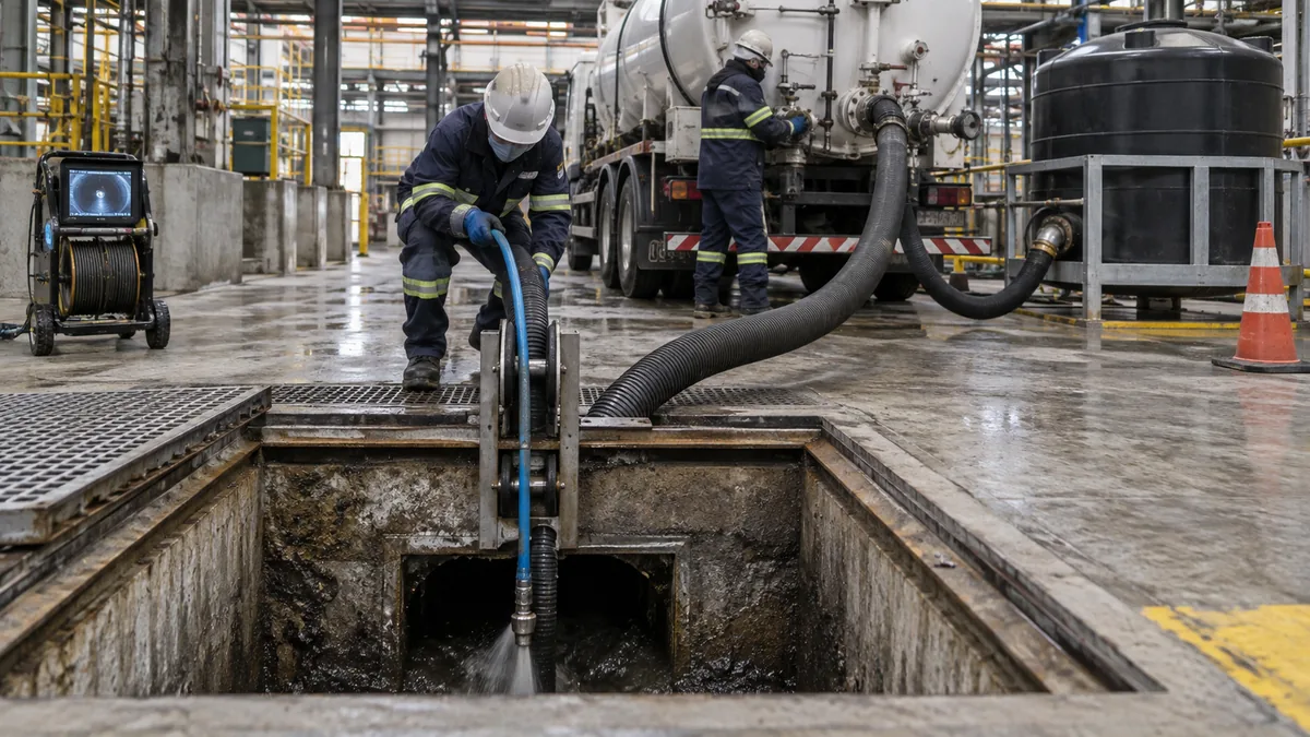 Desobstrução de drenagem industrial por hidrojateamento em contexto industrial técnico e realista