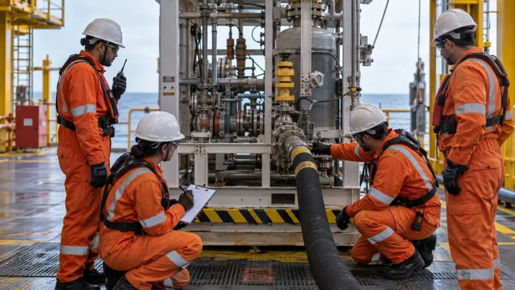 Desvio durante serviço offshore em contexto industrial técnico e realista