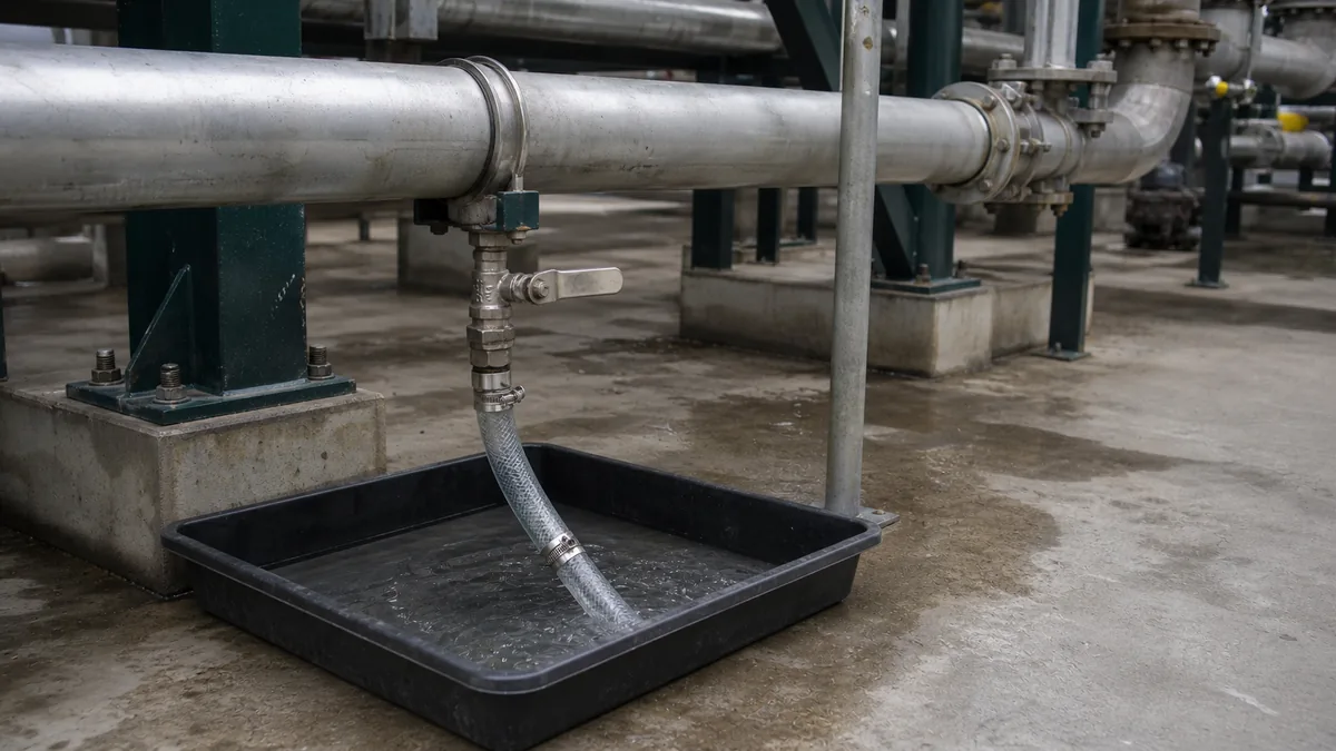 Drenagem controlada de ponto baixo após teste hidrostático em tubulação industrial