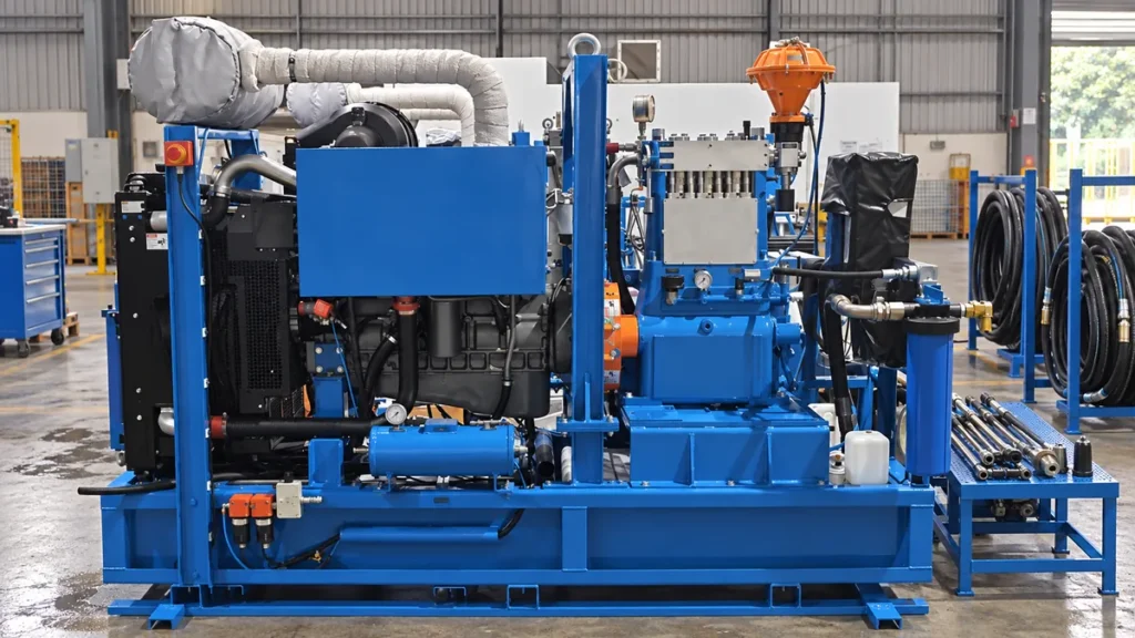 Máquina azul de hidrojateamento industrial com acessórios organizados para avaliação do fornecedor