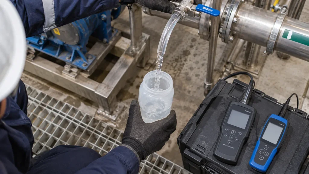 Enxágue final da limpeza química em contexto industrial técnico e realista