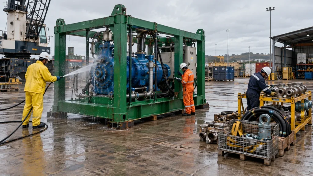 Equipamento retornou do offshore em contexto industrial técnico e realista