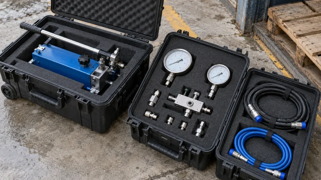 Bomba, manômetros, manifold e mangueiras preparados para teste hidrostático