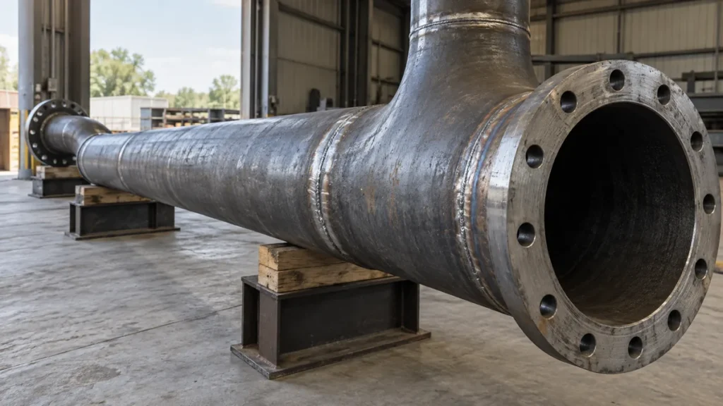 Tubulação de aço carbono apoiada em oficina para definição do escopo de decapagem