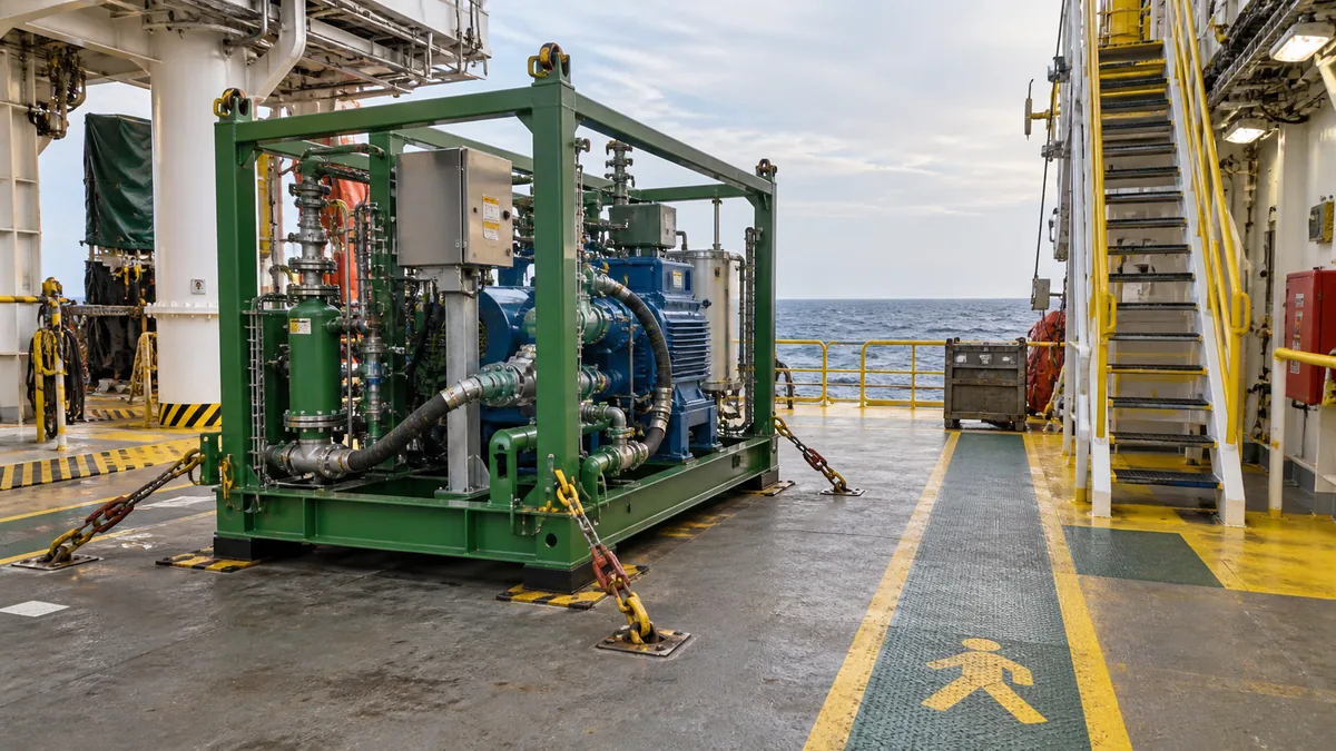 Espaço de convés para skid de serviço offshore em contexto industrial técnico e realista