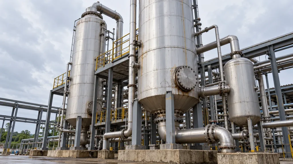 Evaporadores industriais verticais e tubulações de processo para avaliação de incrustações
