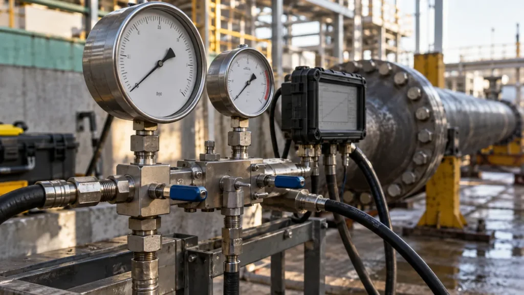 Faixa e redundância de manômetros no teste hidrostático em contexto industrial técnico e realista