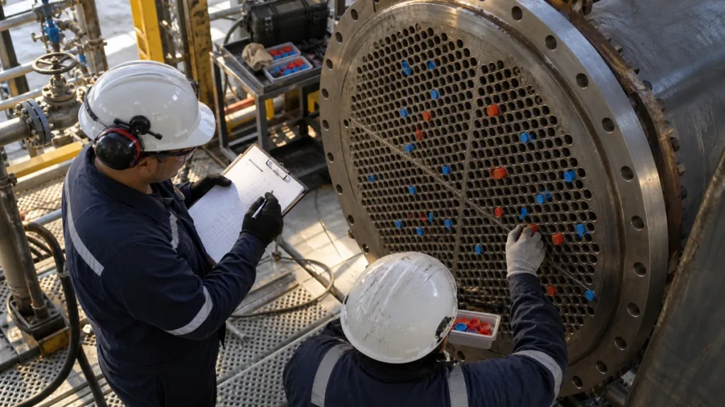 Feixe tubular com centenas de tubos em contexto industrial técnico e realista
