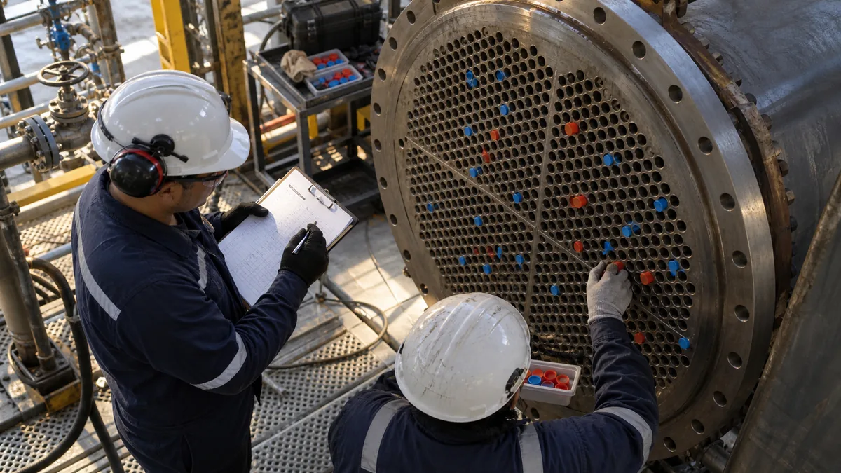 Feixe tubular com centenas de tubos em contexto industrial técnico e realista