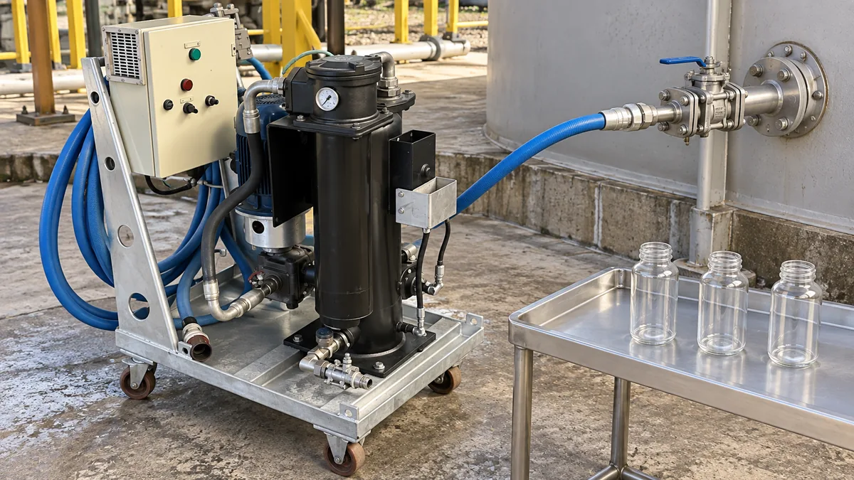Unidade de filtragem com ponto de amostragem preparado para análise laboratorial do óleo