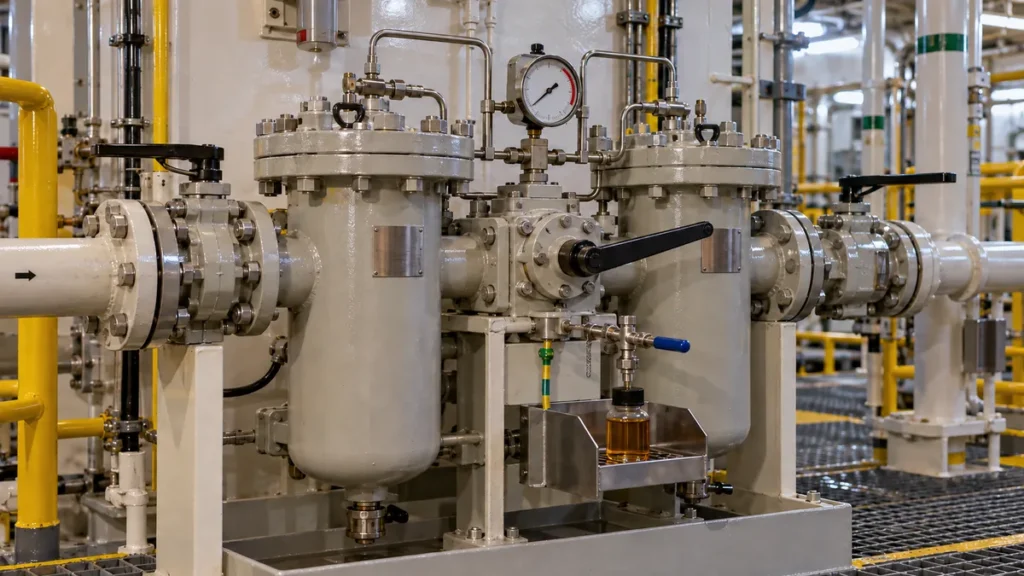 Filtros duplex fixos e manômetro de monitoramento de óleo em FPSO