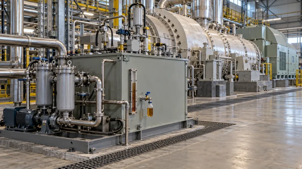 Turbina industrial e circuito fixo de lubrificacao com reservatorio e amostra de oleo