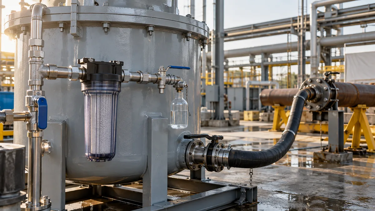 Fluido do teste hidrostático em contexto industrial técnico e realista