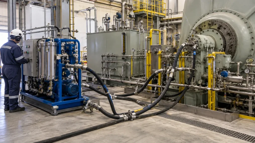 Flushing em sistema de lubrificação de turbina em contexto industrial técnico e realista