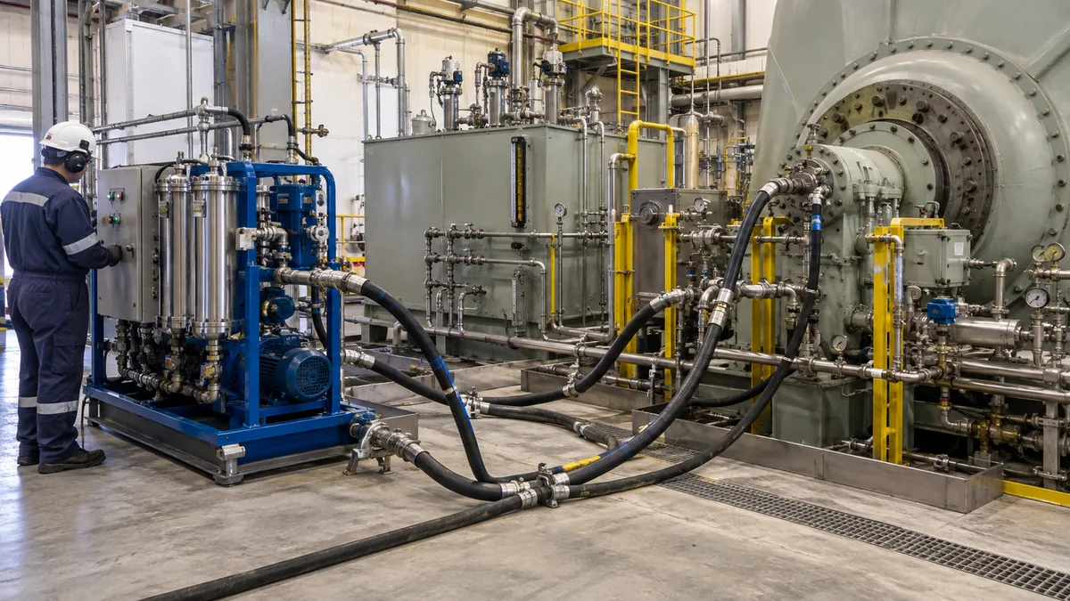 Flushing em sistema de lubrificação de turbina em contexto industrial técnico e realista