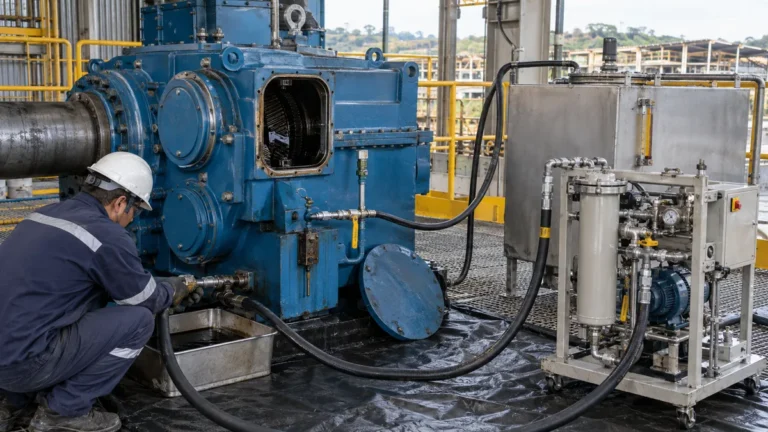 Flushing em sistema de óleo de redutor em contexto industrial técnico e realista