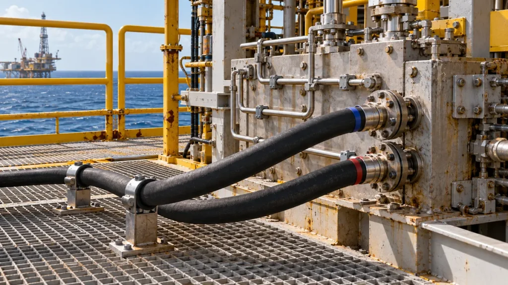 Mangueiras de ida e retorno conectadas a manifold hidráulico fixo offshore