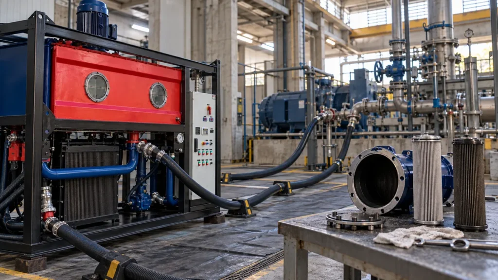 Unidade de flushing industrial com filtros e pontos de evidência do circuito