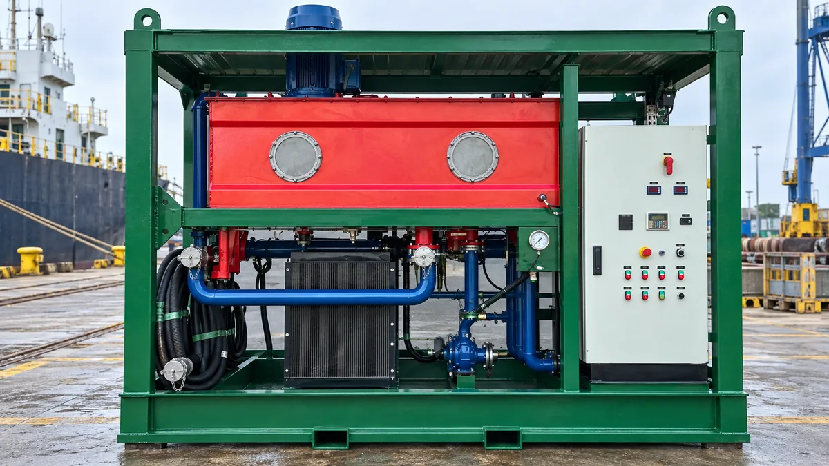 Unidade de flushing protegida em skid offshore e preparada para embarque