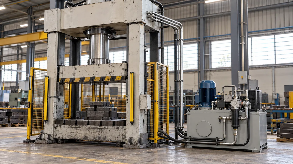 Prensa hidráulica industrial com unidade de potência e linhas hidráulicas em ambiente fabril