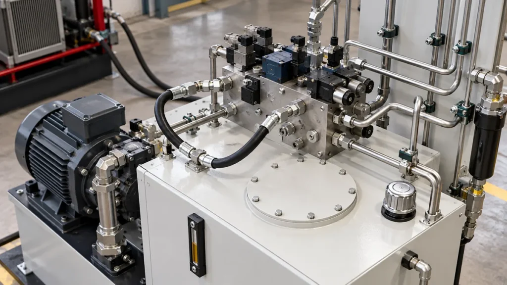 Manifold e tubulações de sistema hidráulico avaliados para escopo de flushing