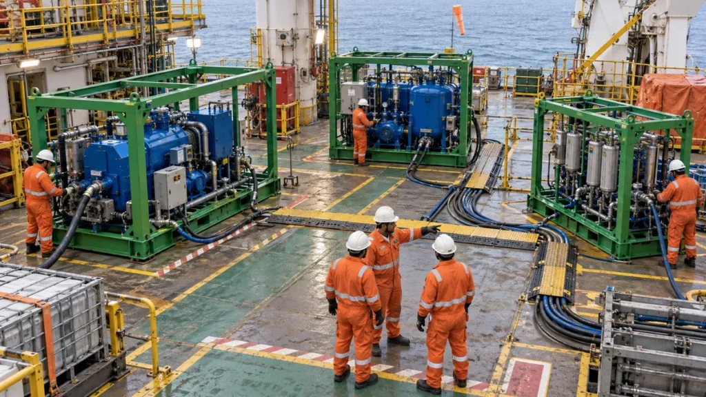 Fornecedor integrado em parada offshore em contexto industrial técnico e realista