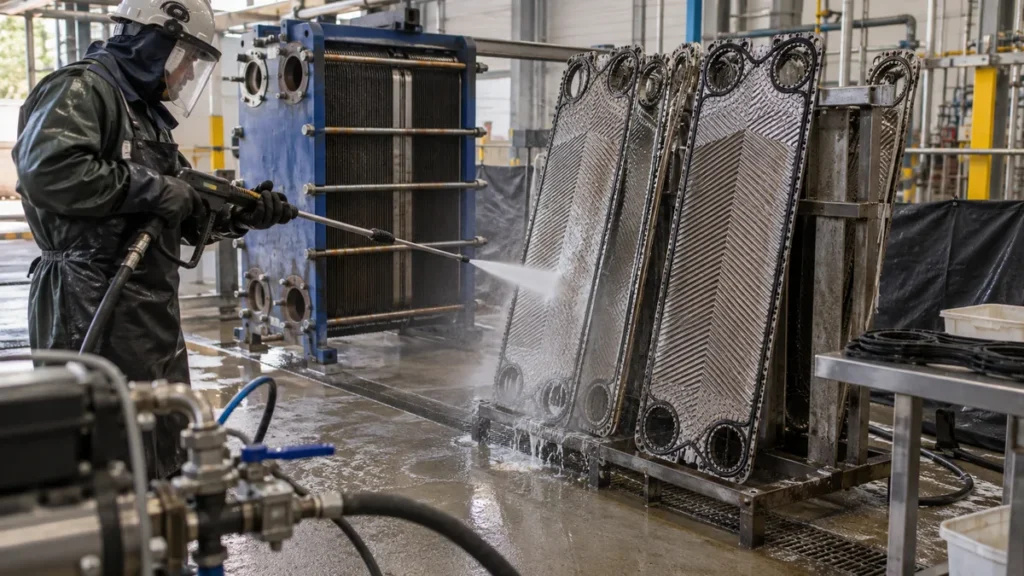 Hidrojateamento em trocador de placas em contexto industrial técnico e realista