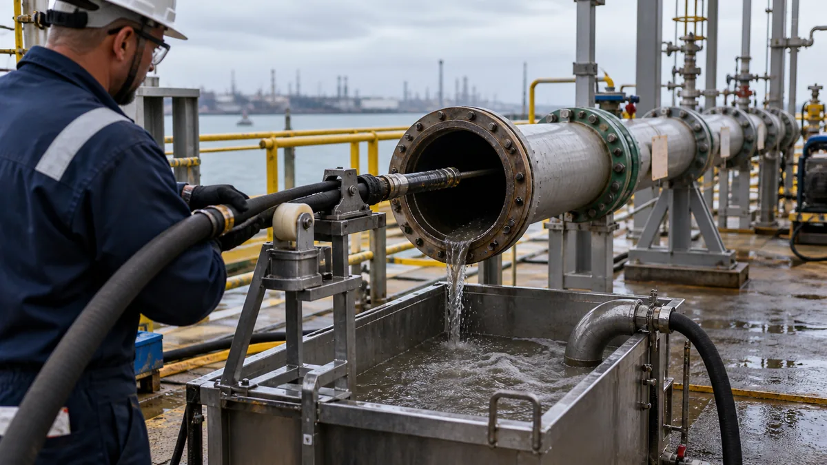 Hidrojateamento interno em tubulação longa em contexto industrial técnico e realista