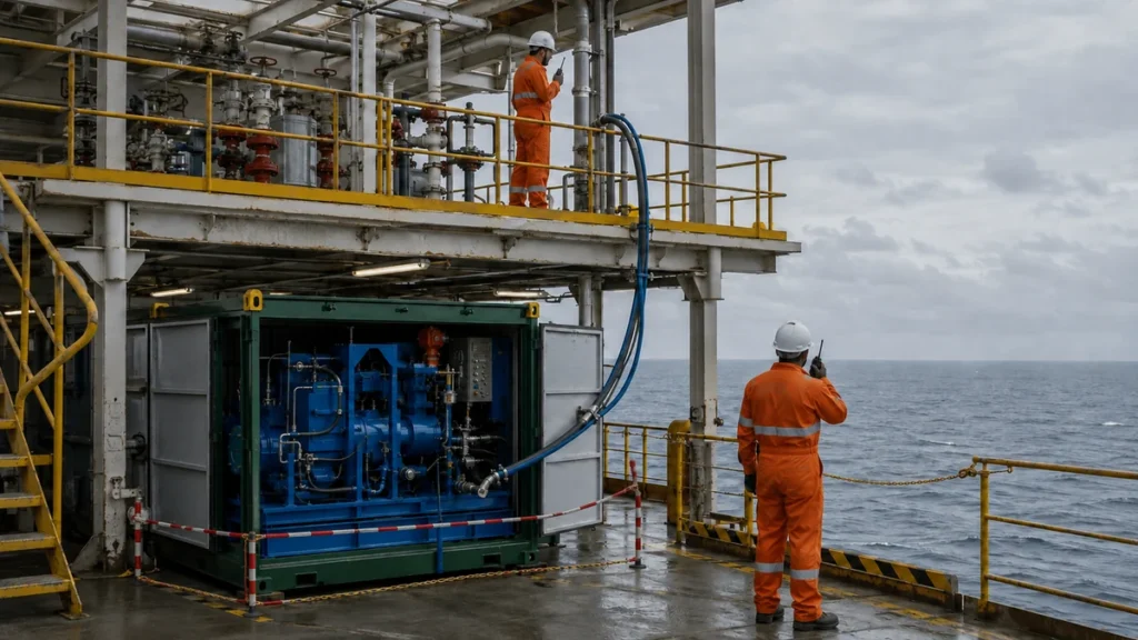 Equipe offshore coordenando hidrojateamento entre dois conveses com skid verde e máquina azul