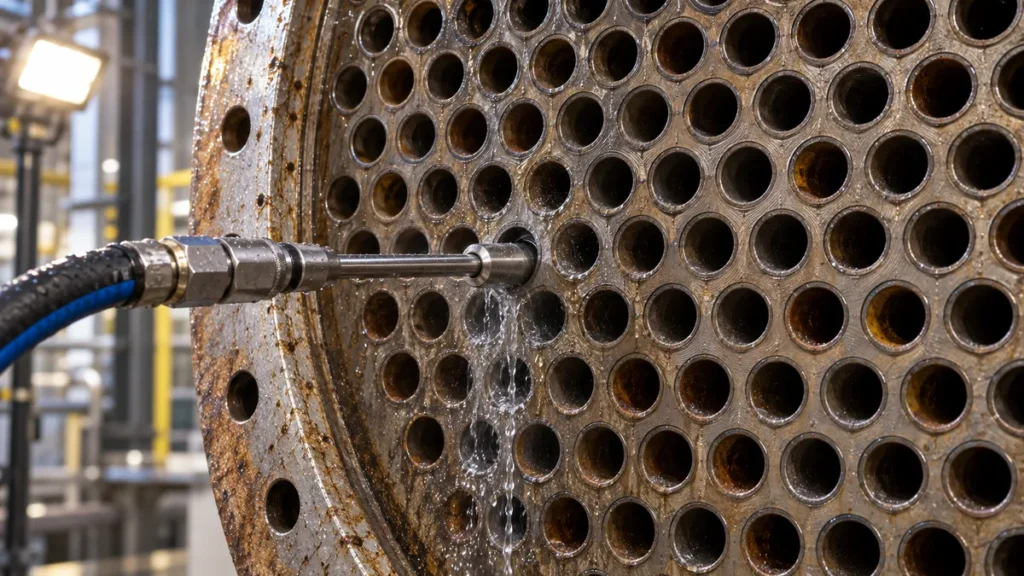 Lança alinhada aos tubos de um trocador de calor durante hidrojateamento industrial