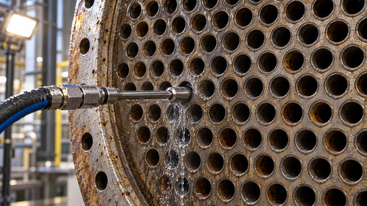 Lança alinhada aos tubos de um trocador de calor durante hidrojateamento industrial