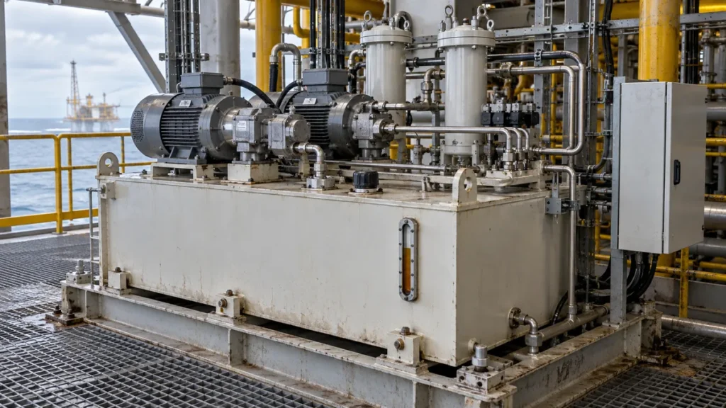 Ilustração técnica de unidade hidráulica HPU fixa em skid offshore, com reservatório, bombas e filtros