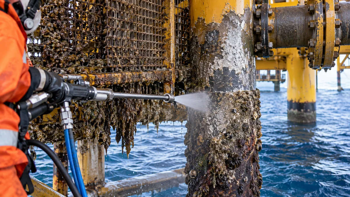 Incrustação marinha em estrutura offshore em contexto industrial técnico e realista