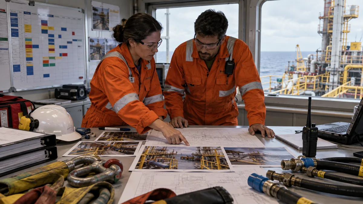 Janela de serviço offshore em contexto industrial técnico e realista