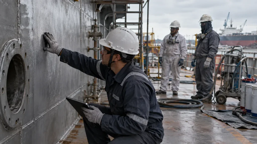 Limpeza antes da pintura naval em contexto industrial técnico e realista