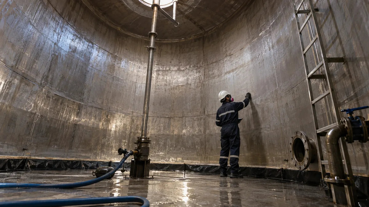 Limpeza de tanque antes do novo revestimento em contexto industrial técnico e realista