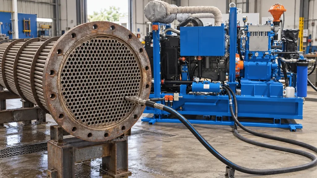 Feixe tubular preparado para limpeza rastreável com máquina de hidrojateamento industrial